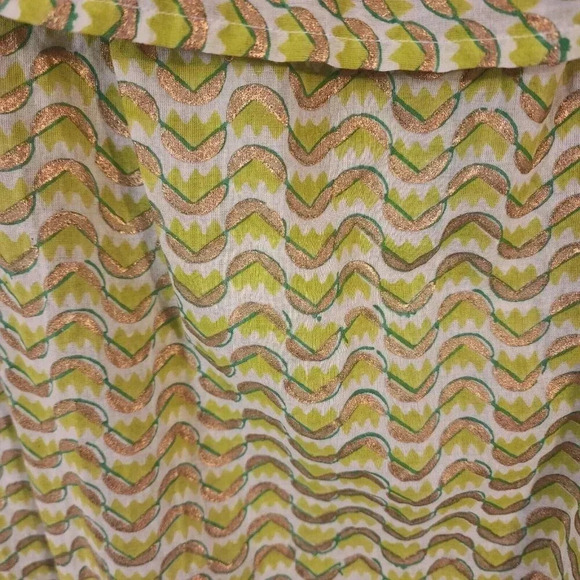 New Oliphant 100% Cotton Blouse Size Large Green Gold Off Shoulder Ruffled - Picture 7 of 7